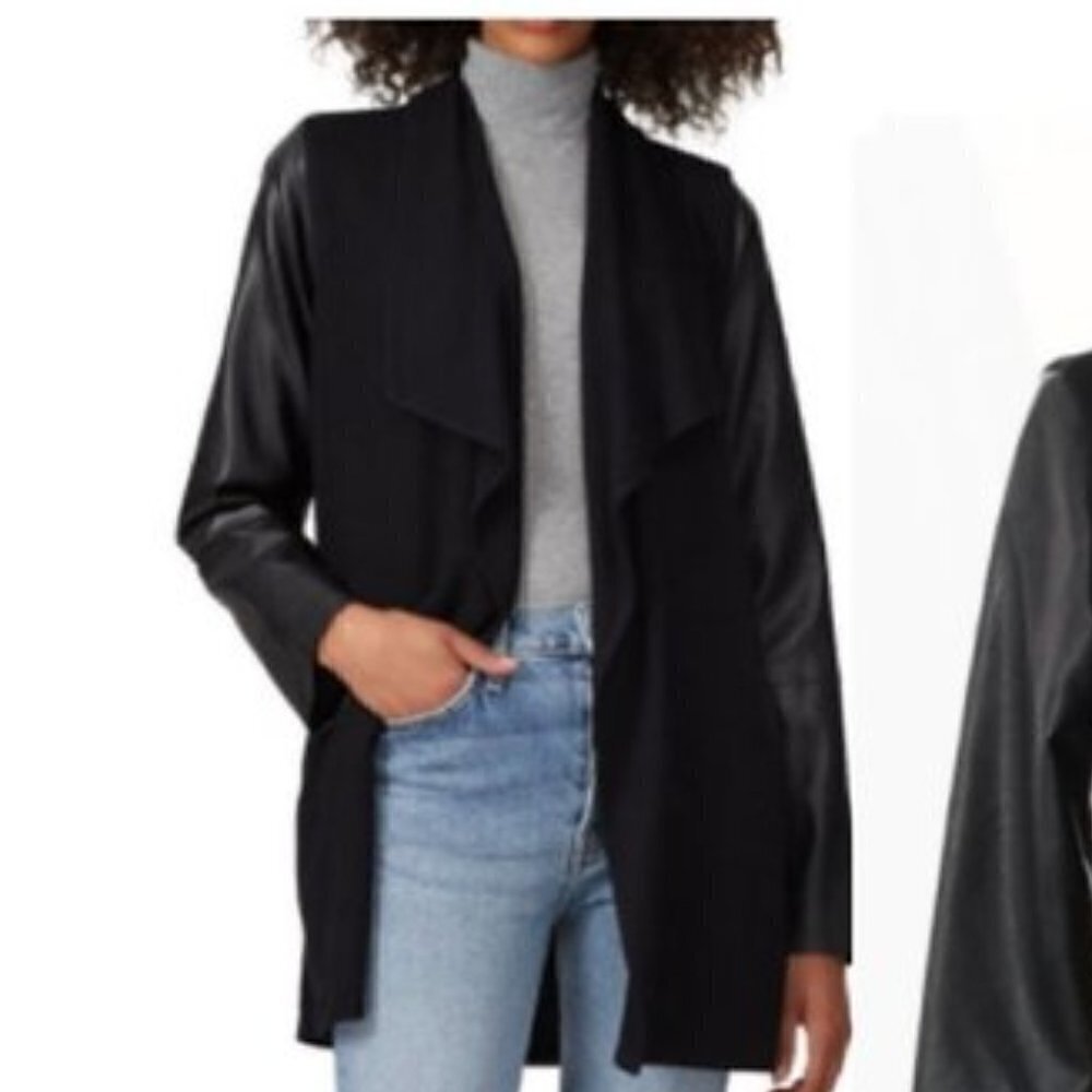 Fifteen Twenty Black Open Front Waterfall Faux Leather Contrast Jacket